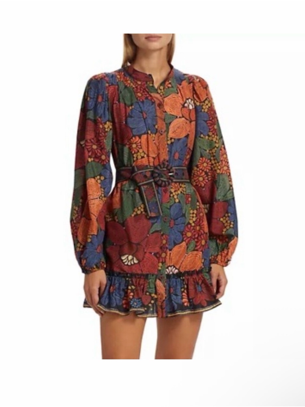 Farm Rio- size M Floral Print Long Sleeve Mini Dress with Belt - Multicolor